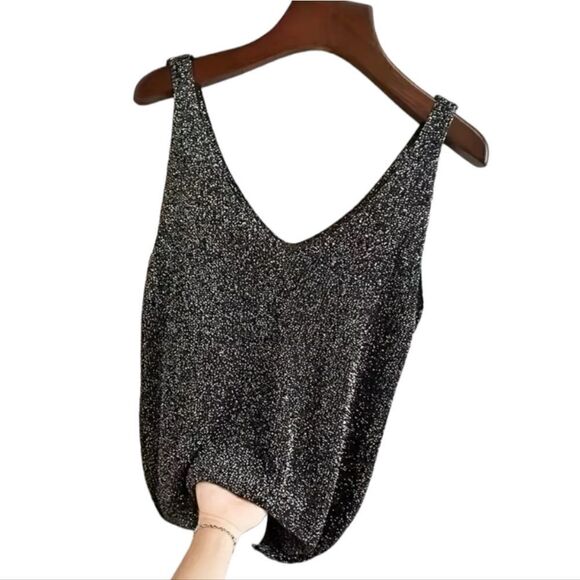 Solid Sequin Knitted Top, V-Neck Sleeveless Casual Top Size M, L, XL - Picture 12 of 14